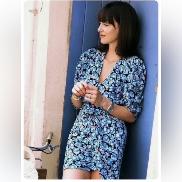 Zara Blue Floral Balloon Sleeve Faux Wrap Mini Dress- Bloggers Fave Size Medium - Picture 5 of 16